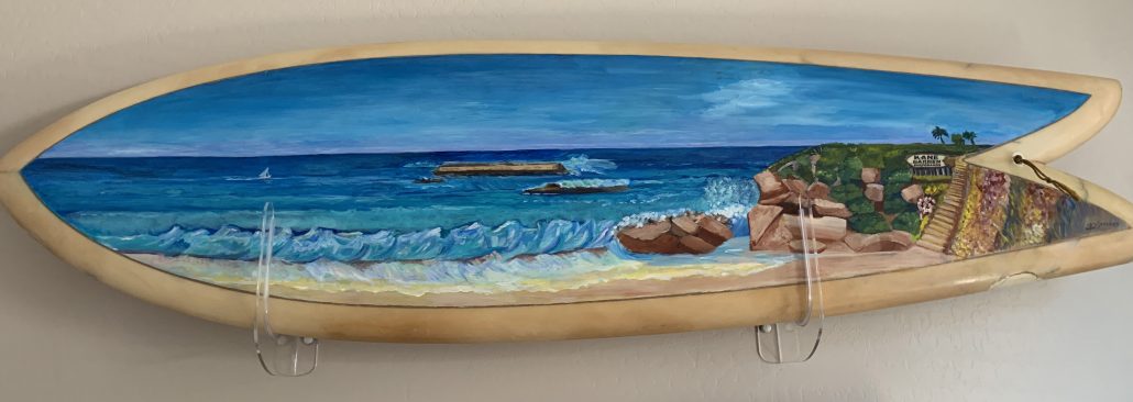 Old Surfboard painted with Laguna Beach Scene